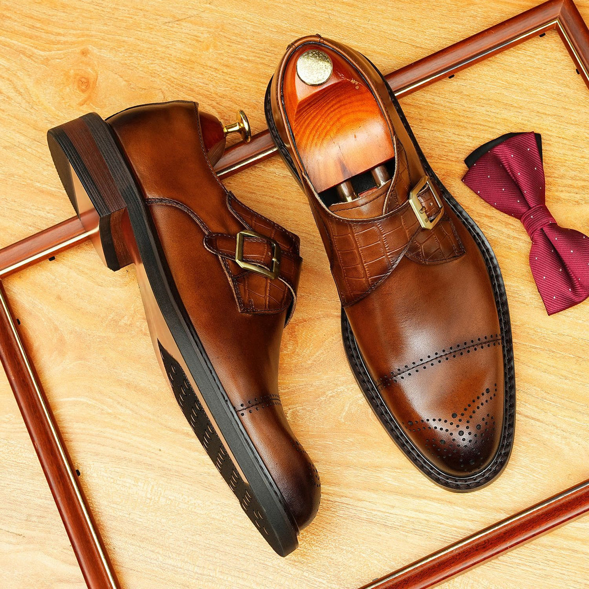 Men's Black Brown Pointed Cap Toe Single Monk Leather Shoes