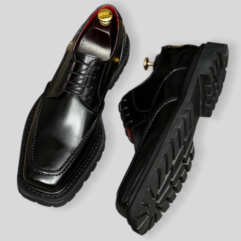 Men's chunky lug-sole wingtip brogue oxfords, dark leather, lace-up