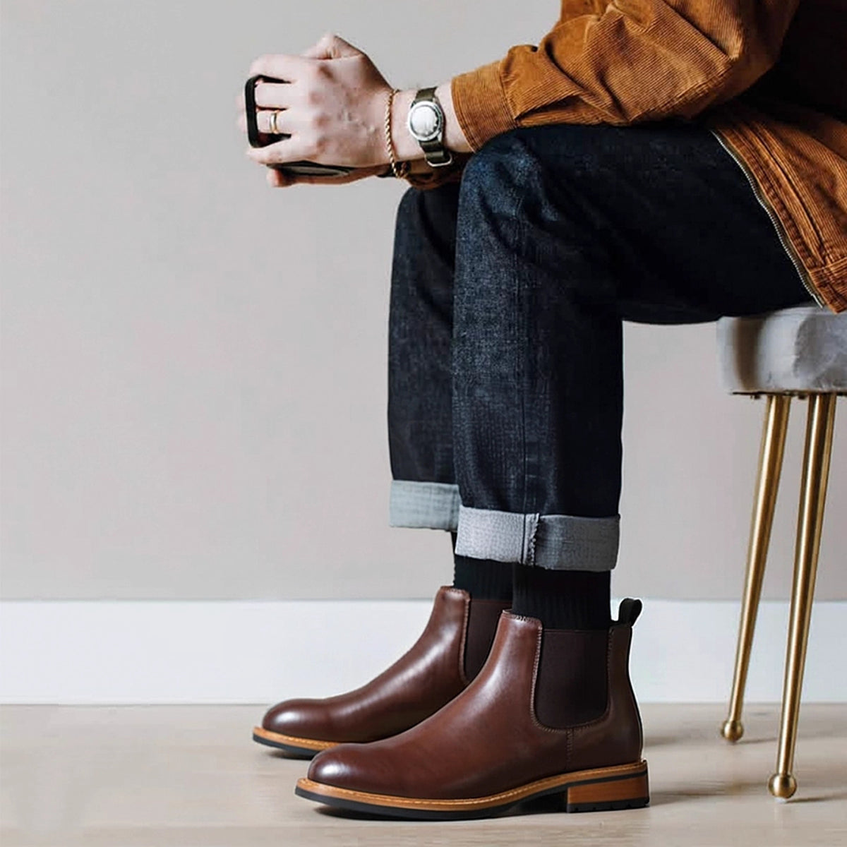 Men's Leather Contrast Welt Lug Sole Chelsea Dress Boots