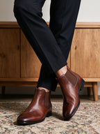 Pointed-toe suede Chelsea dress boots in brown, elastic side gore
