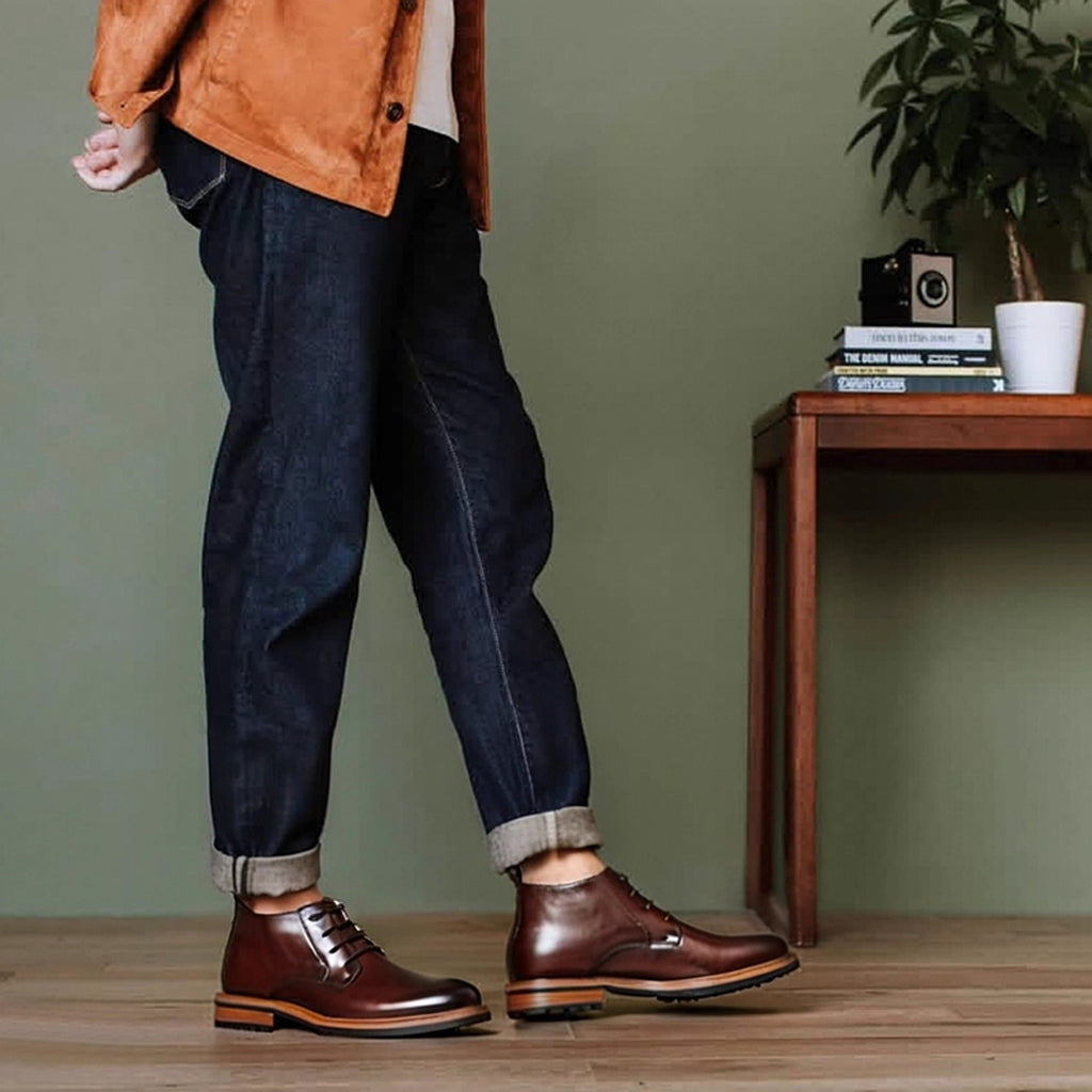 Men's brown leather lace-up chukka boots with plain toe