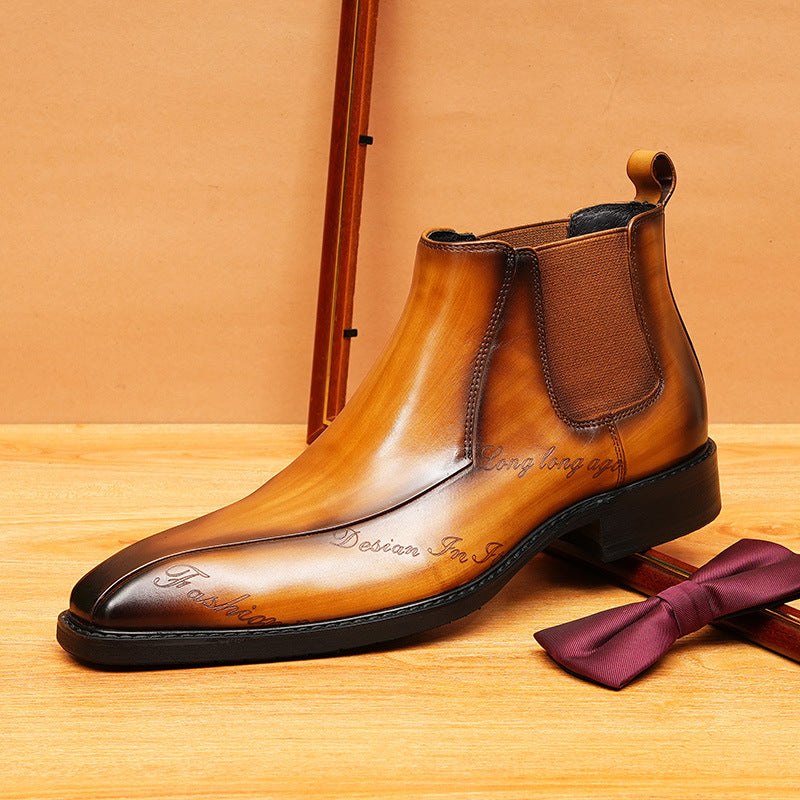 Men's Hand-Painted Pointed Toe Leather Slip-On Dress Boots