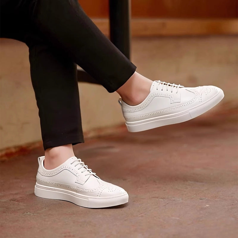 Men's genuine leather sneakers, white lace-up low profile with perforated toe and clean panels.