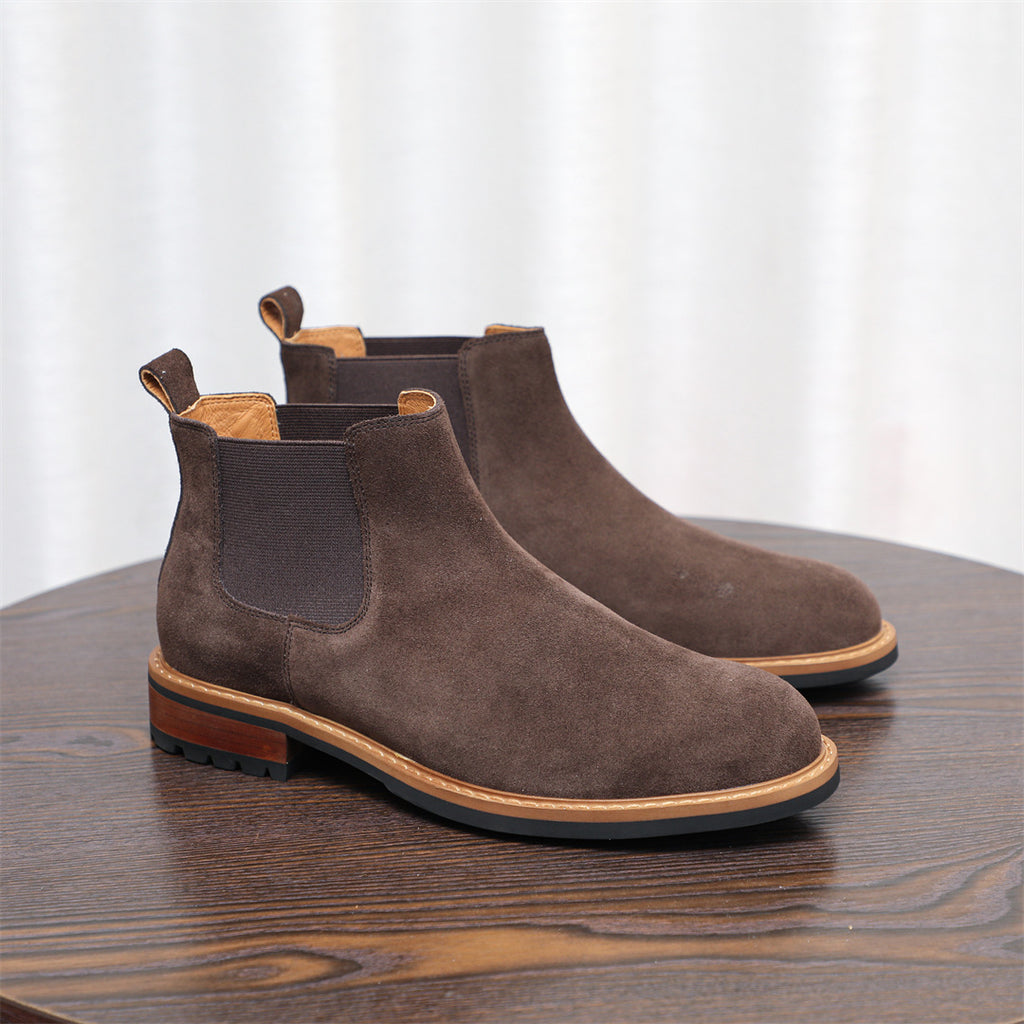Men's suede chelsea dress boots in dark brown with elastic side gore and low stacked heel
