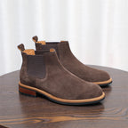 Men's suede chelsea dress boots in dark brown with elastic side gore and low stacked heel