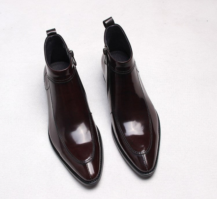 Men's leather side-zip dress boots with thick sole, dark brown