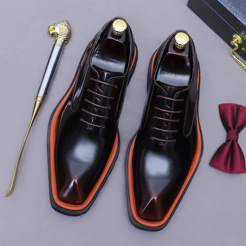 Men's black wingtip brogue oxford shoes, glossy finish, chunky lug sole