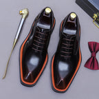 Men's black wingtip brogue oxford shoes, glossy finish, chunky lug sole