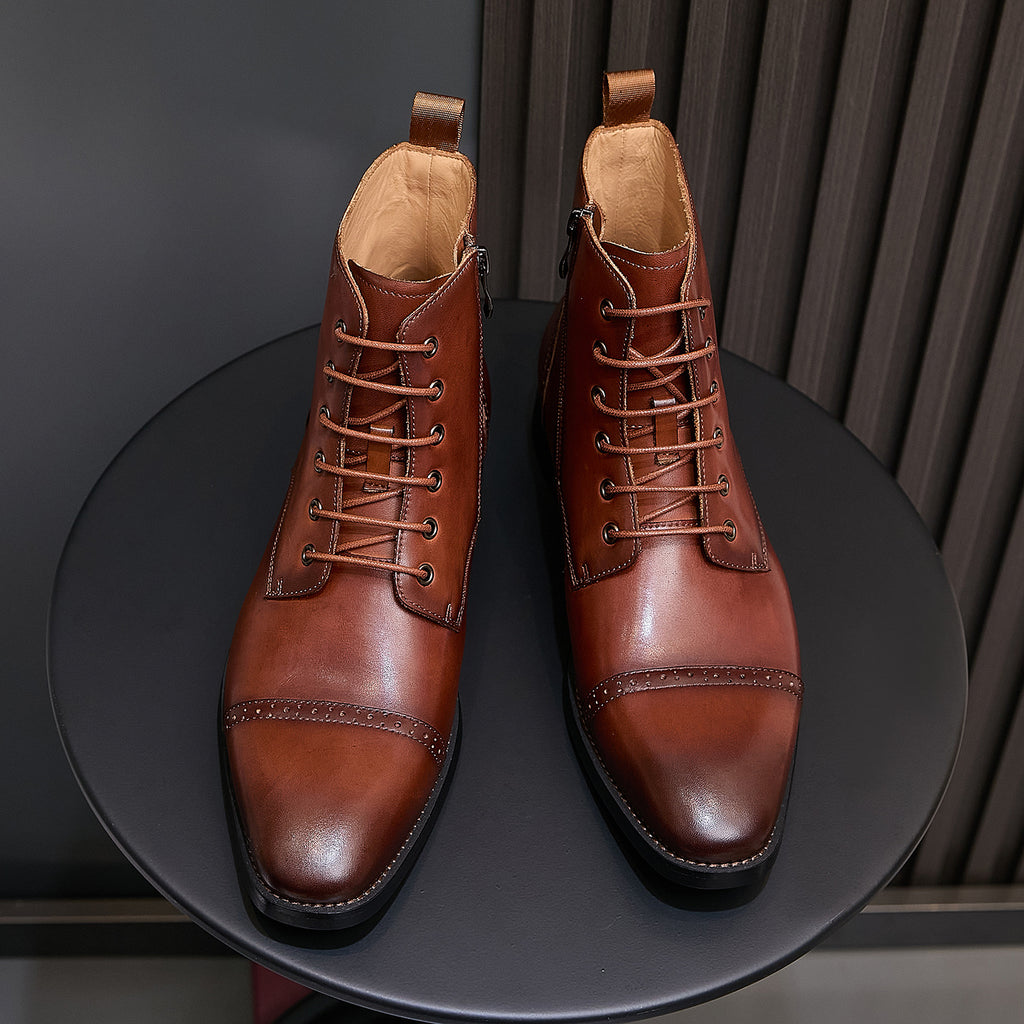 Men's brown leather pointed-toe lace-up dress boots with side zip detail