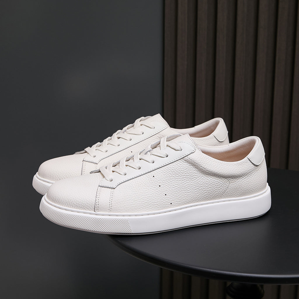 Men's genuine leather sneakers, white low-top lace-up with clean minimalist stitching