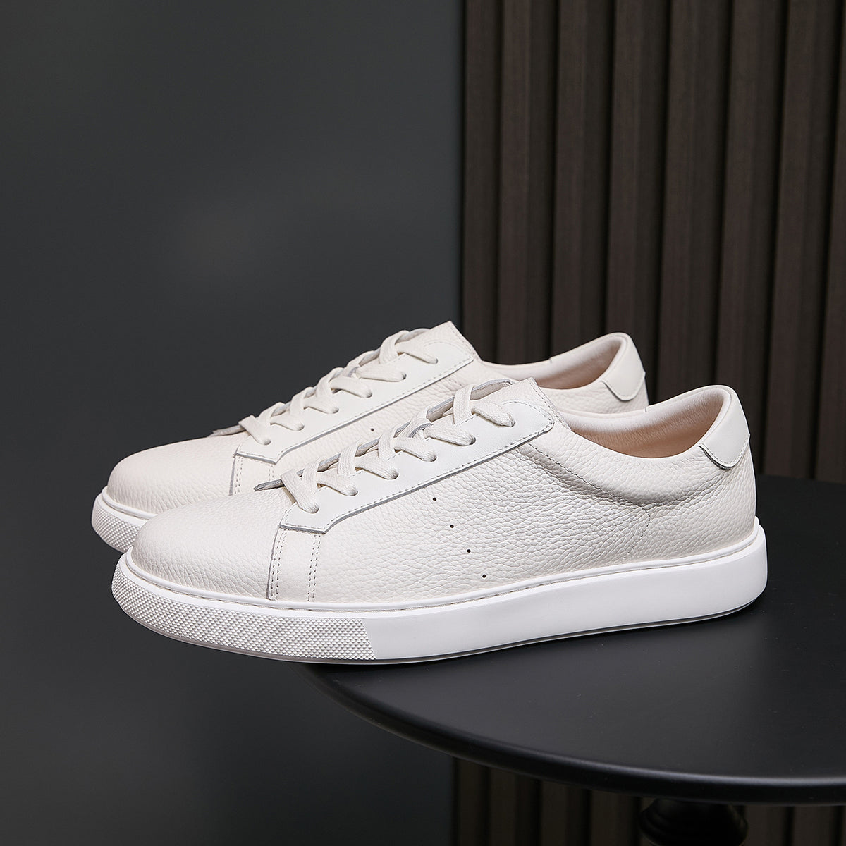 Men's genuine leather sneakers, white low-top lace-up with clean minimalist stitching