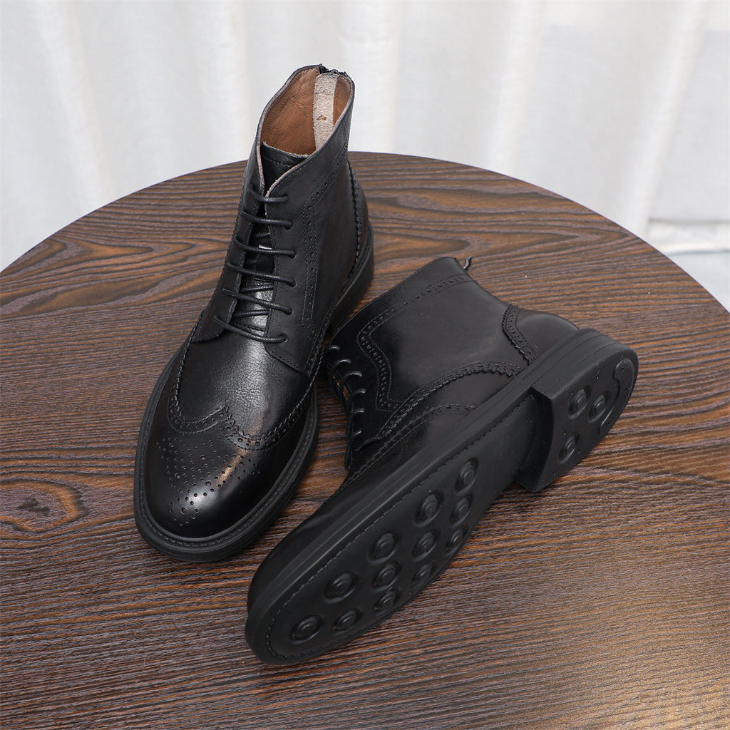 Burnished Wingtip Brogue Leather Back-Zip Boots for Men