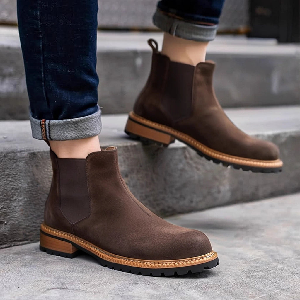 Round Plain Toe Suede Contrast-Welt Chelsea Boots for Men