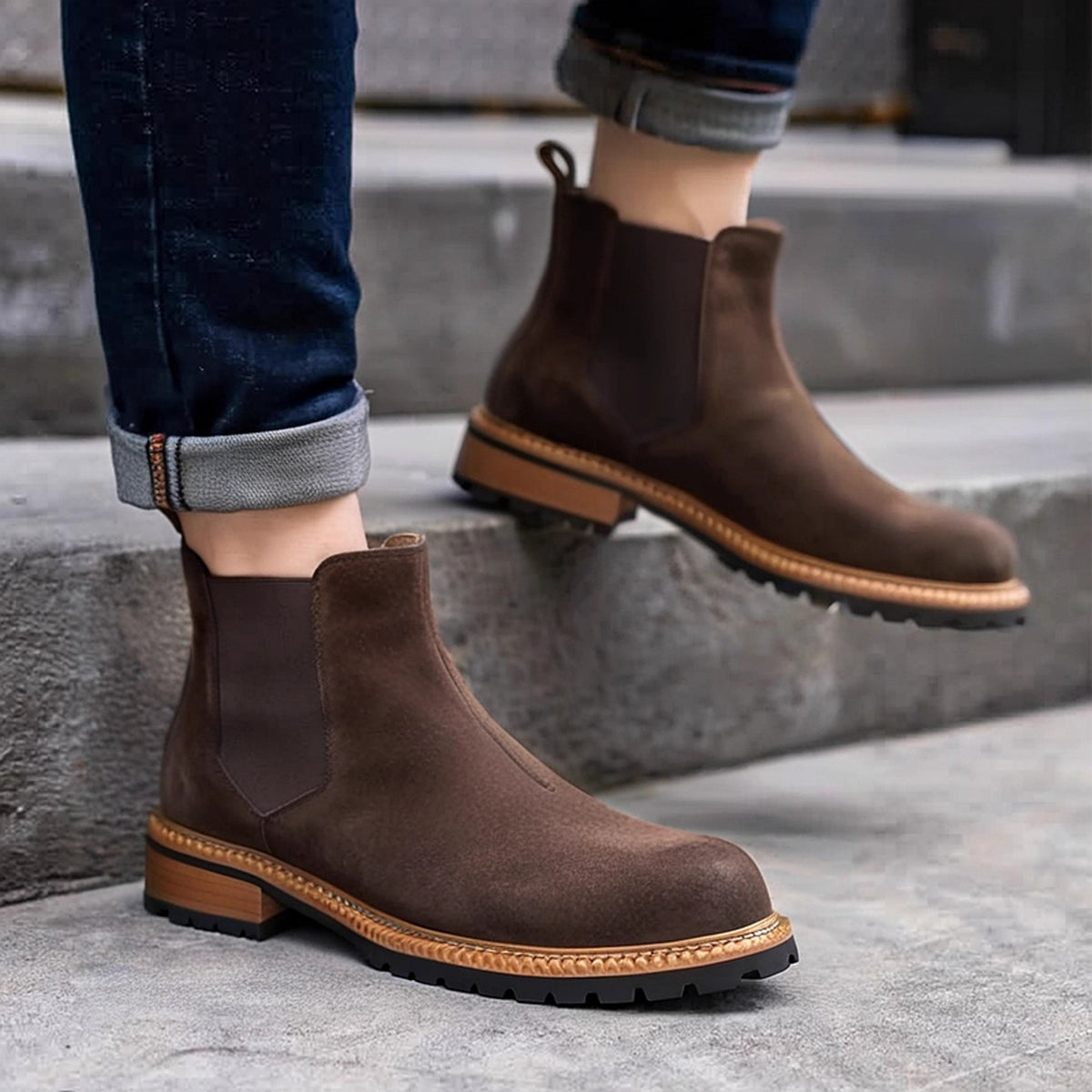 Round Plain Toe Suede Contrast-Welt Chelsea Boots for Men
