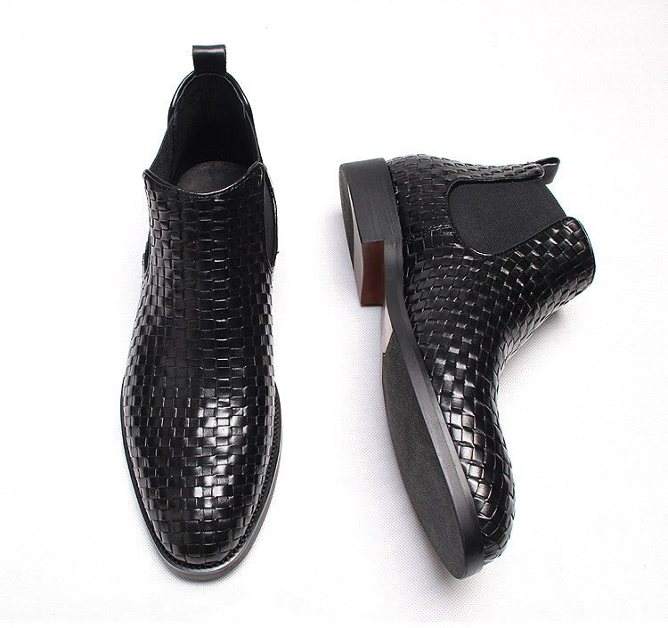 Men's black woven leather slip-on Chelsea boots with elastic side panel and tread sole