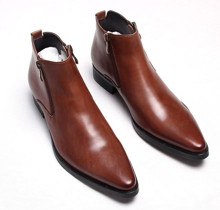 Men's brown leather side-zip formal dress boots with thick sole, pair view