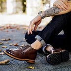 Men's brown leather lace-up chukka boots with plain toe and rubber outsole