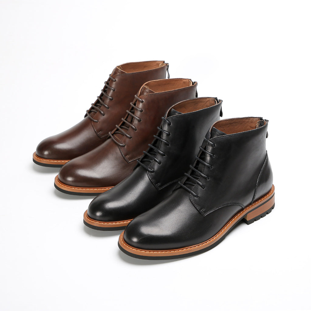 Men's leather lace-up dress boots with pointed cap toe and orange welt trim
