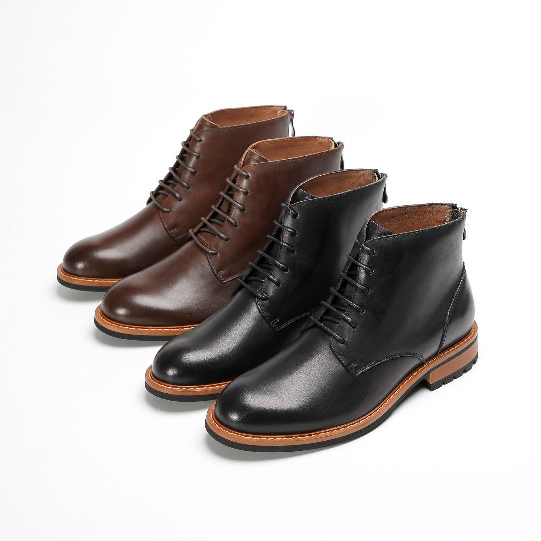 Men's leather lace-up dress boots with pointed cap toe and orange welt trim