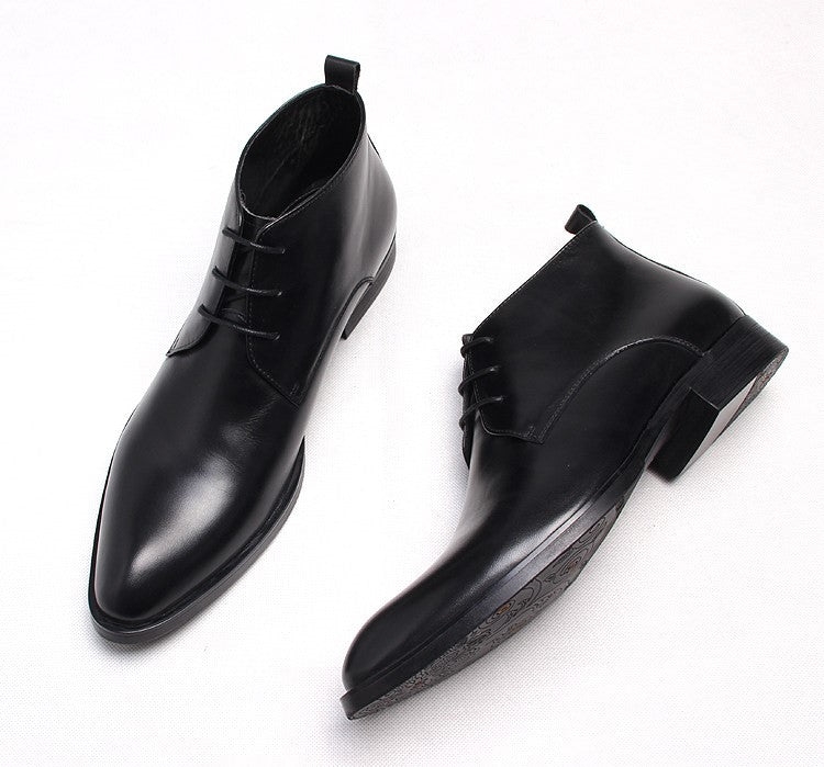 Black leather lace-up dress boots, side view showing heel and lace closure