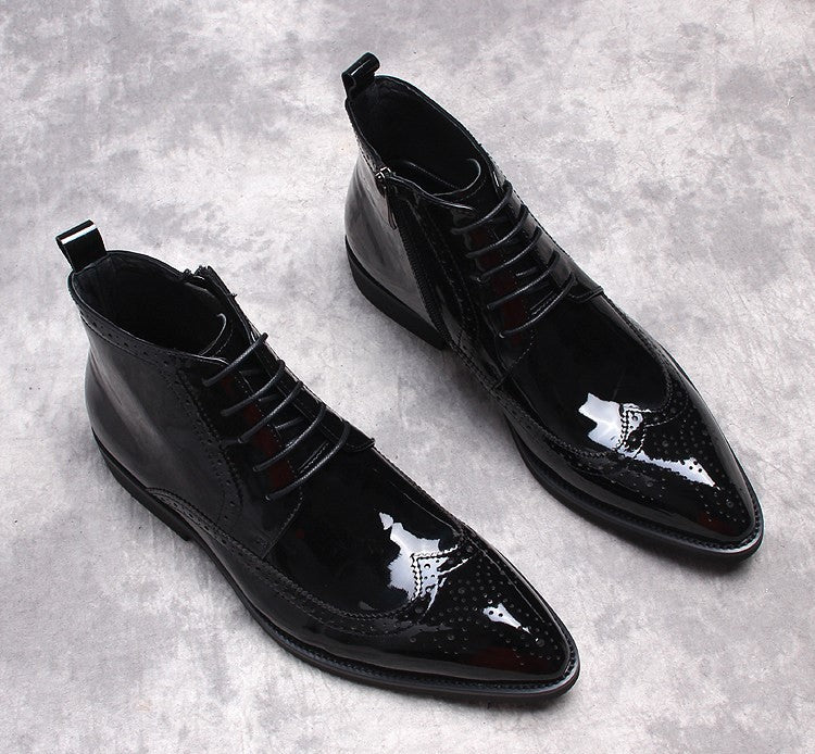 Men's black formal dress boots, side zip style with glossy patent-look surface