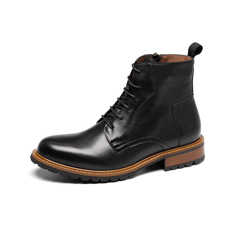 Men's pointed-toe leather ankle dress boots in black, lace-up with side-zip detail.