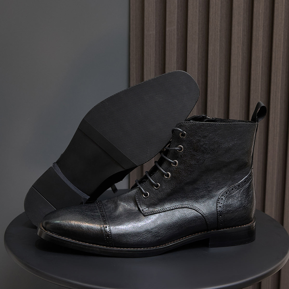 Cap Toe Leather Side-Zip Lace-Up Boots for Men