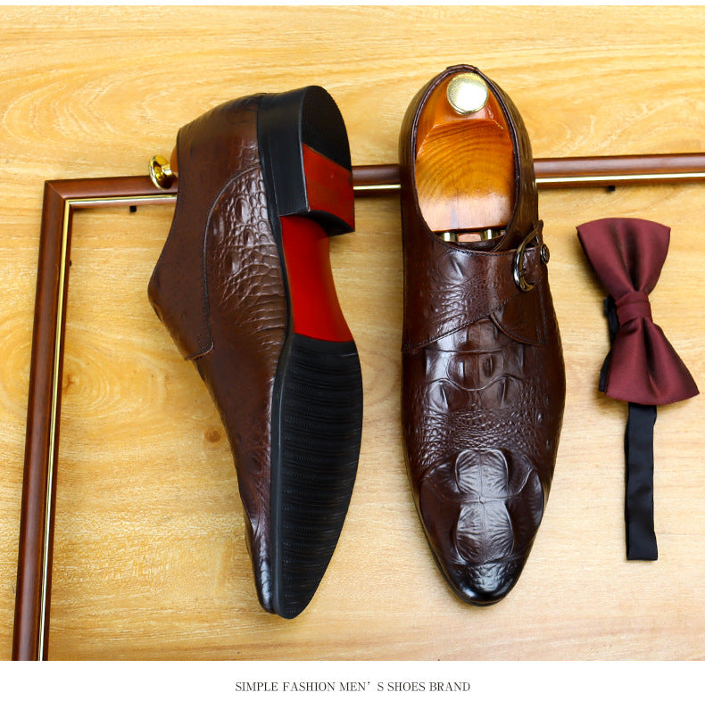 Men's Croc Embossed Pointed Toe Single Monk Leather Shoes