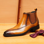 Men's Ornate Carved Pointed Toe Leather Slip-On Dress Boots