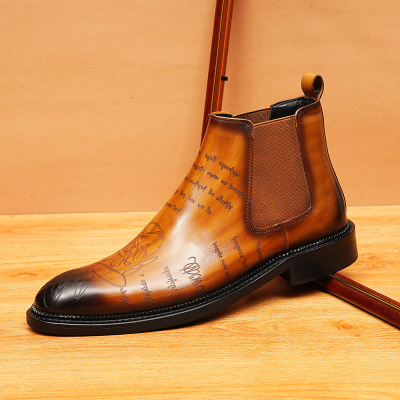 Men's Fashion Script Engraved Slip-On Chelsea Boots