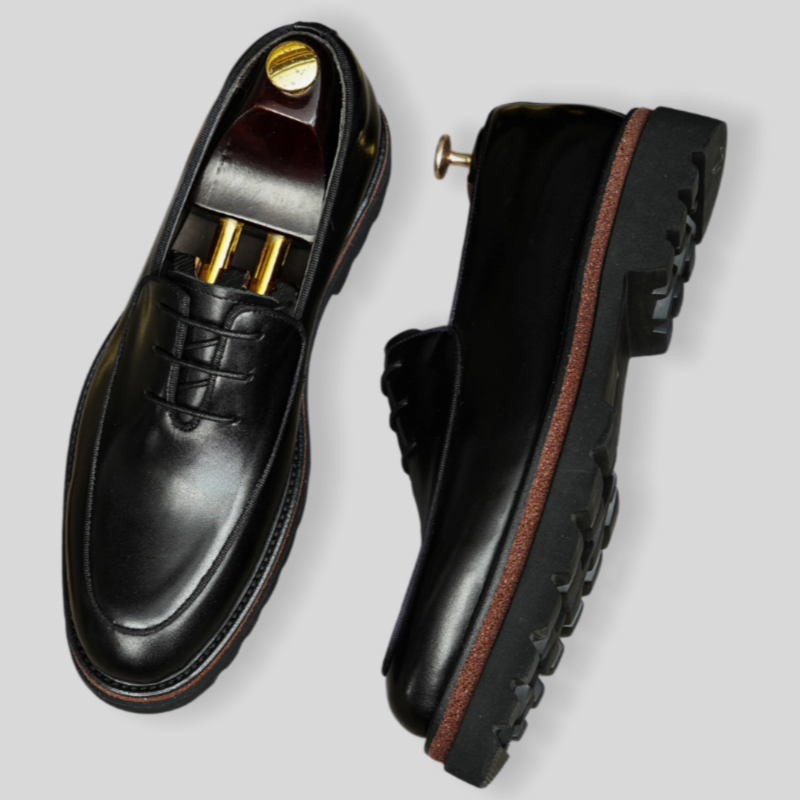 Men's Piped Moc Apron Chunky Lug Sole Leather Derby Shoes