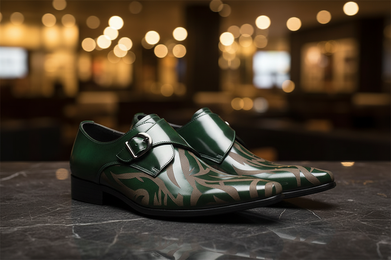 绿色雕花僧侣扣皮鞋主图