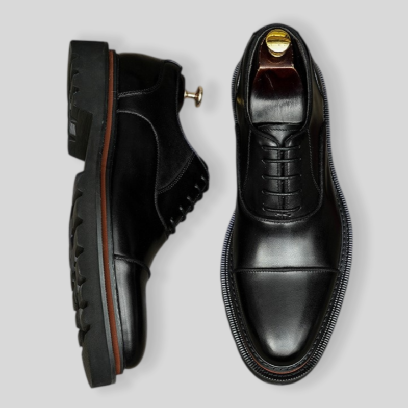 Men's Piped Cap Toe Chunky Lug Sole Leather Oxford Shoes