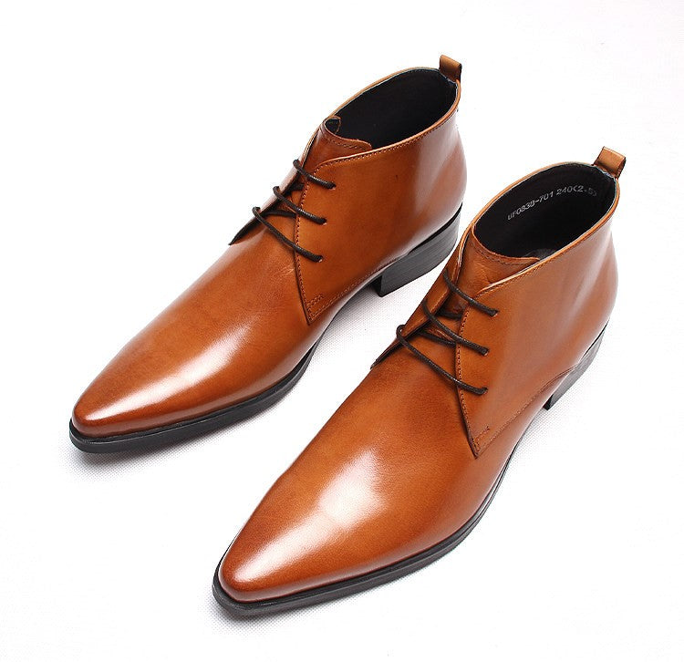 Copper-brown leather lace-up dress boots with pointed toe and low heel.
