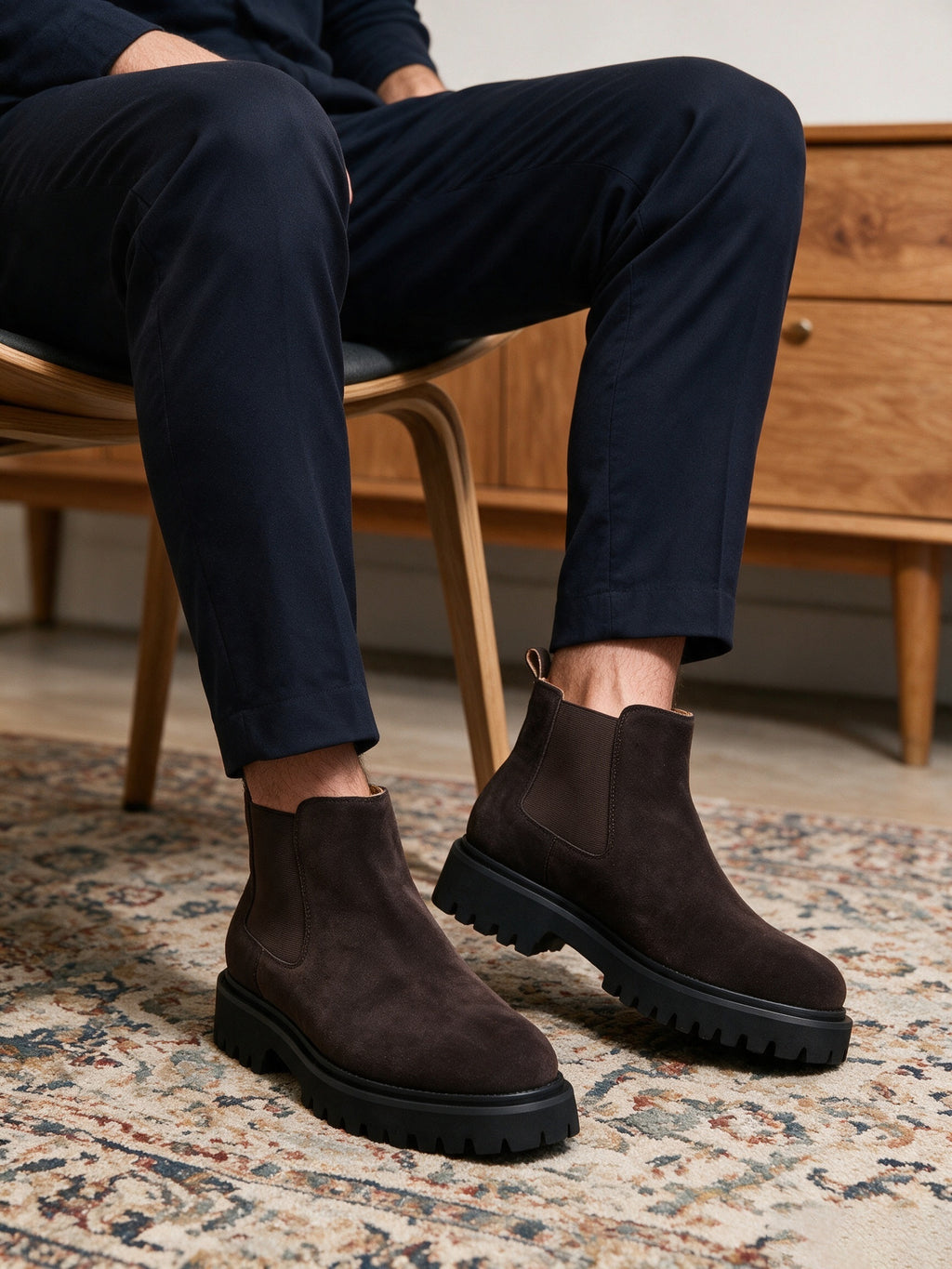 Round Plain Toe Suede Lug Chelsea Boots for Men