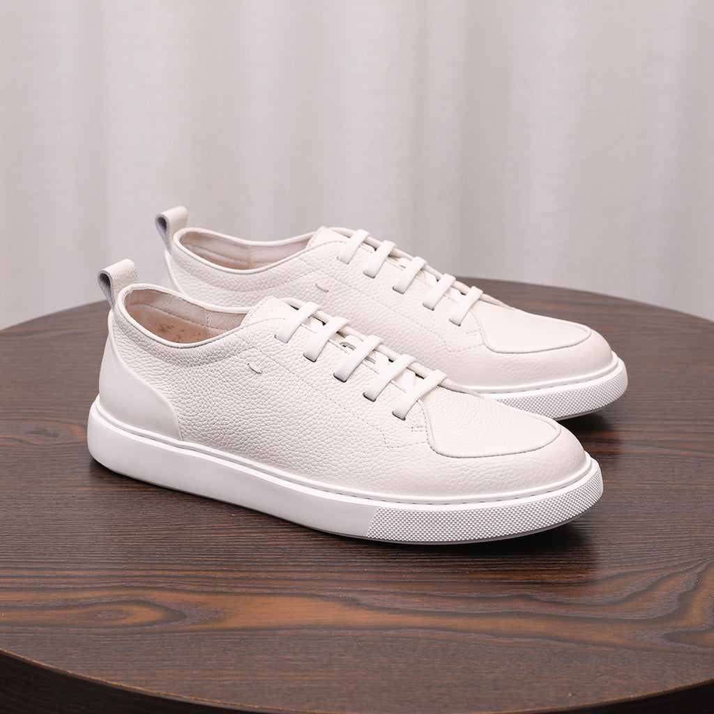 Men's genuine leather sneakers, white low-top lace-up with textured leather upper
