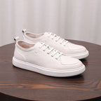 Men's genuine leather sneakers, white low-top lace-up with textured leather upper
