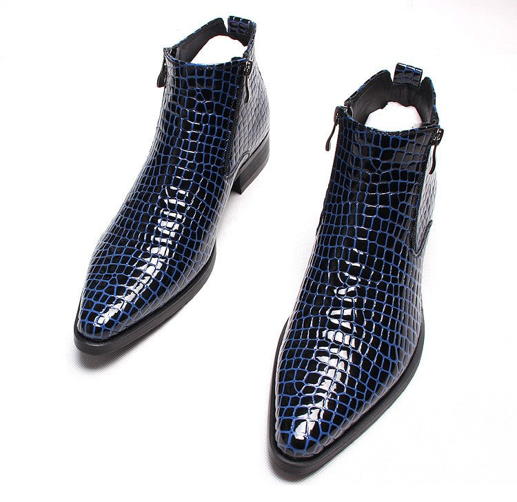 Men's leather side-zip dress boots, blue crocodile texture, front angle, thick sole