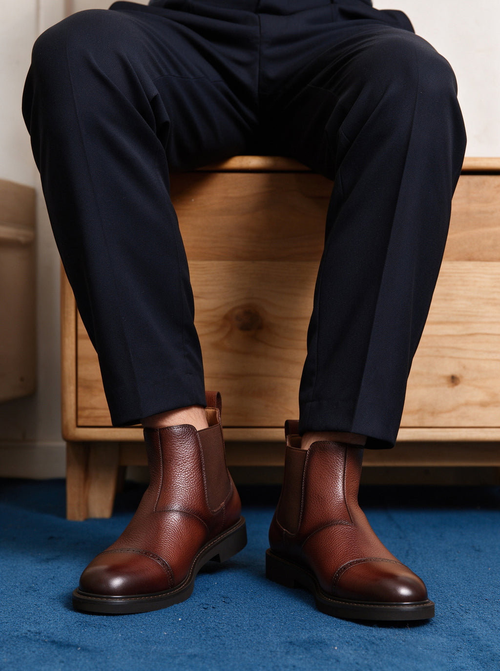 Brown pointed-toe Chelsea dress boots on model, side elastic panels and pull tabs