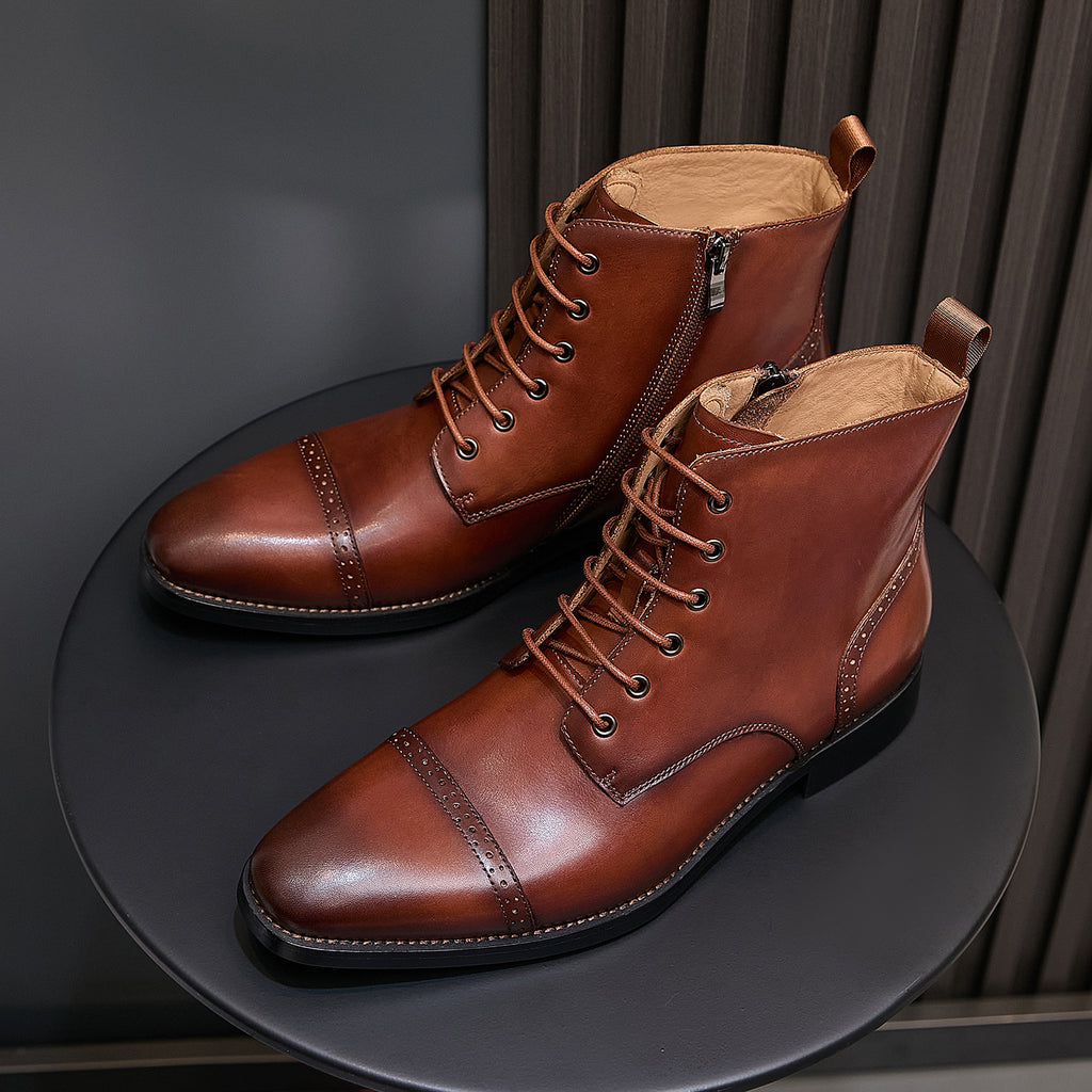 Men's dark brown leather pointed-toe dress boots with lace-up front and side zip