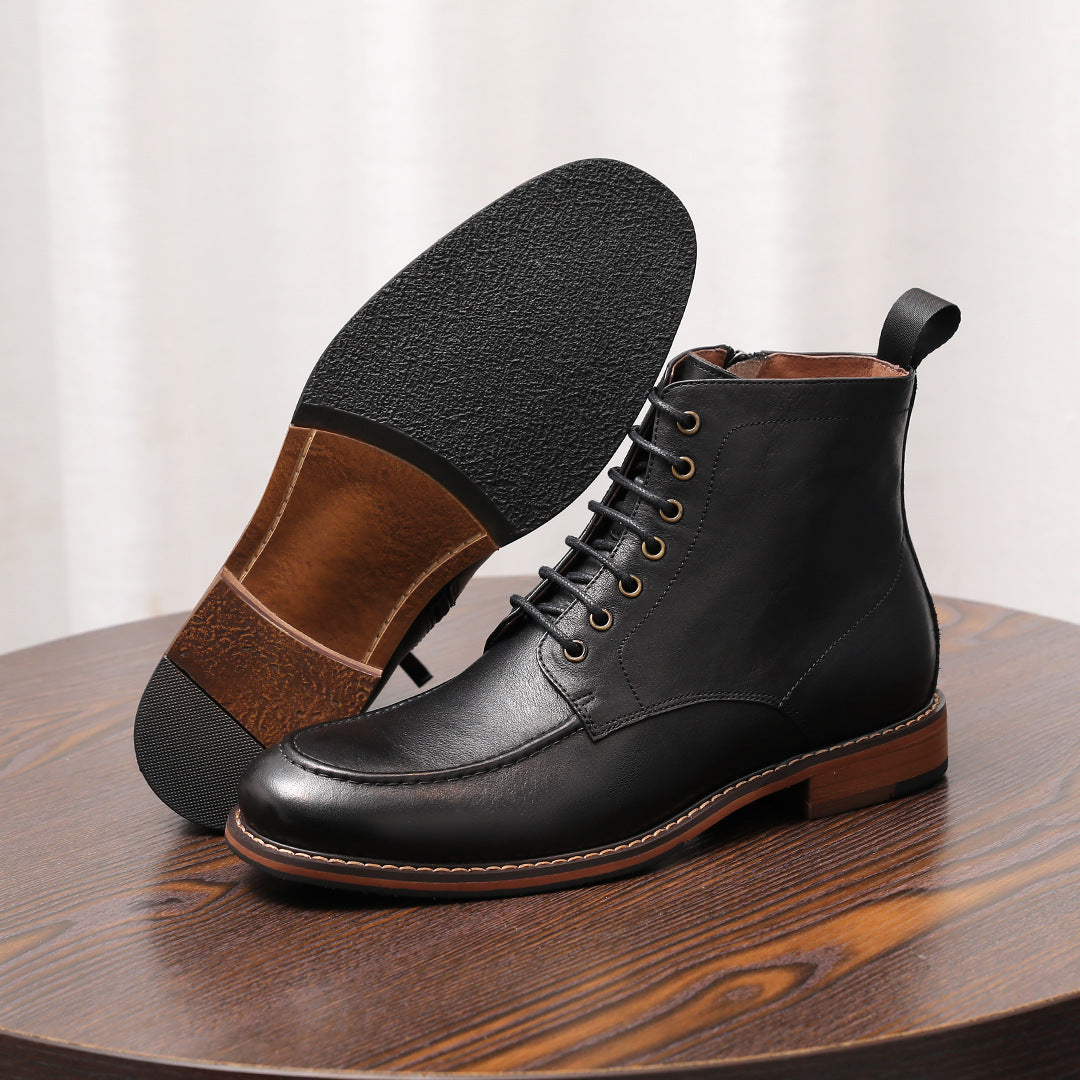 Black leather side-zip ankle boot with pointed toe, lace-up, and rugged outsole