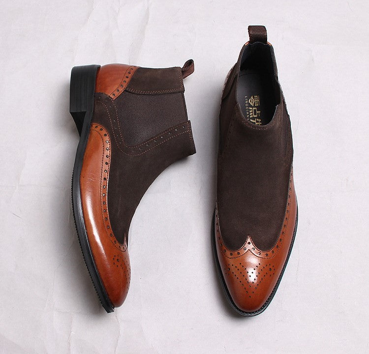 Men's suede Chelsea dress boots, brown upper with elastic side panels and black soles