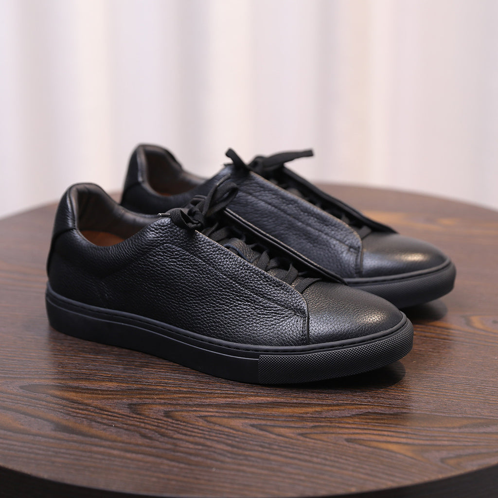 Men's genuine leather sneakers, black lace-up with smooth leather uppers and thick midsole