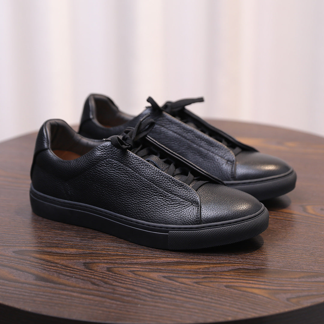 Men's genuine leather sneakers, black lace-up with smooth leather uppers and thick midsole