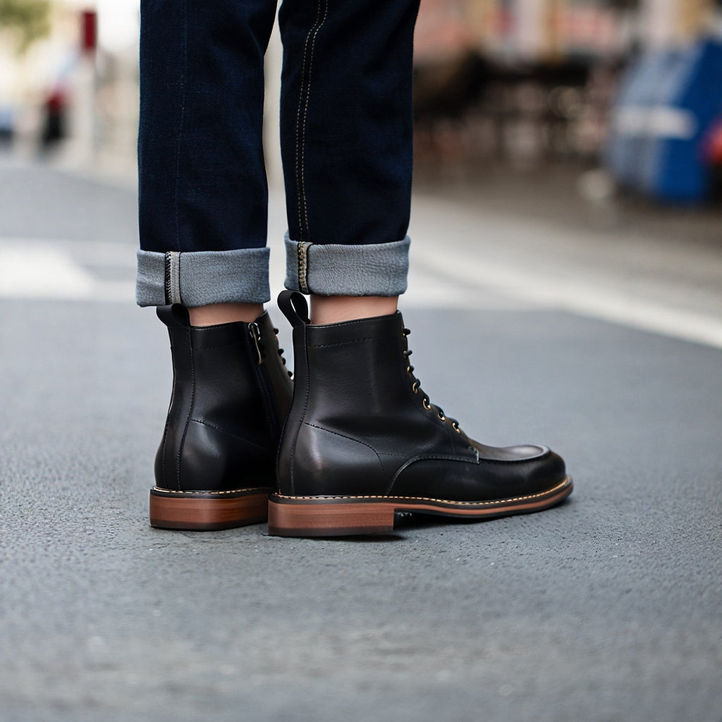 Men's Leather Moc Toe Side-Zip Lace-Up Ankle Boots