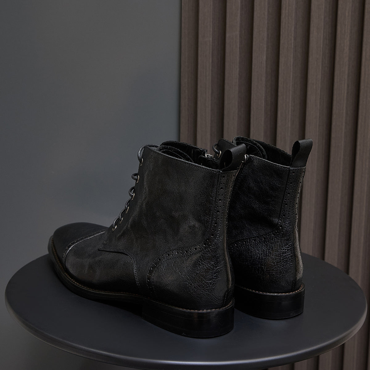 Cap Toe Leather Side-Zip Lace-Up Boots for Men