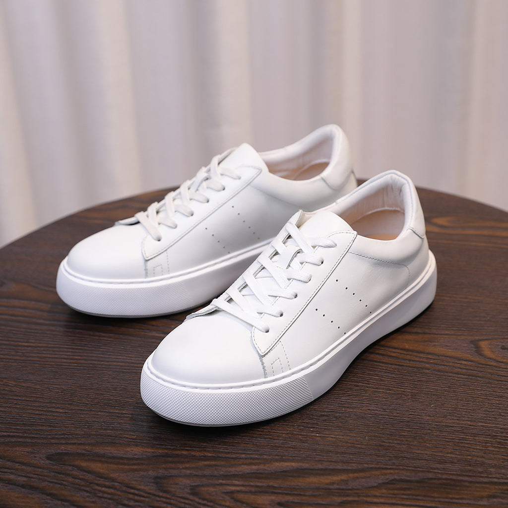 Men's genuine leather low-top sneakers, white lace-up with contrast cupsole detailing