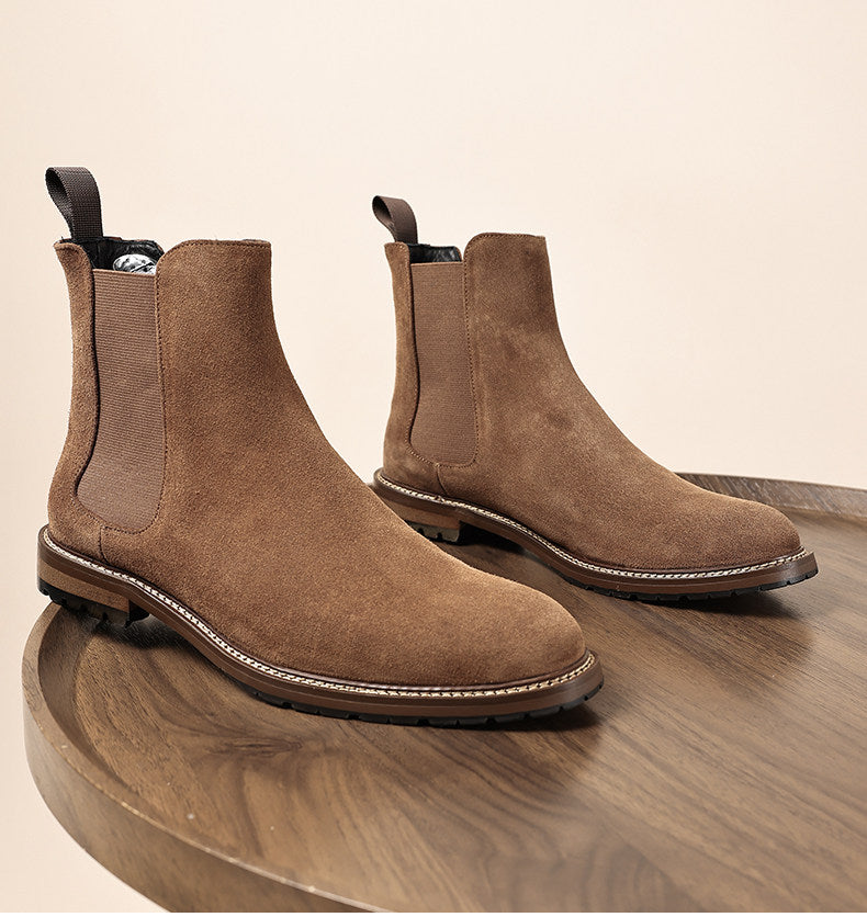 Brown suede Chelsea dress boots with elastic gore and contrast stitched sole