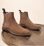Brown suede Chelsea dress boots with elastic gore and contrast stitched sole
