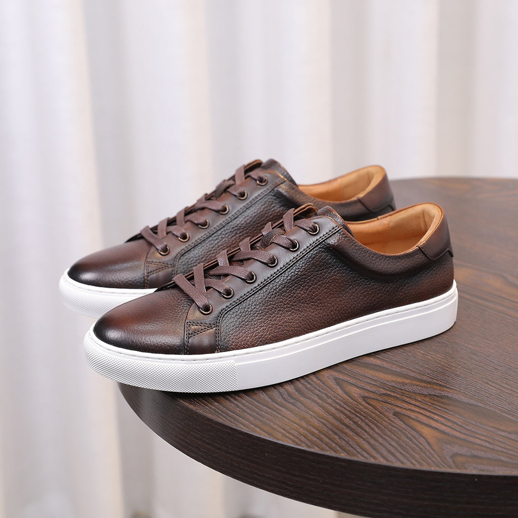 Men's dark brown leather lace-up sneakers, padded collar, white sole